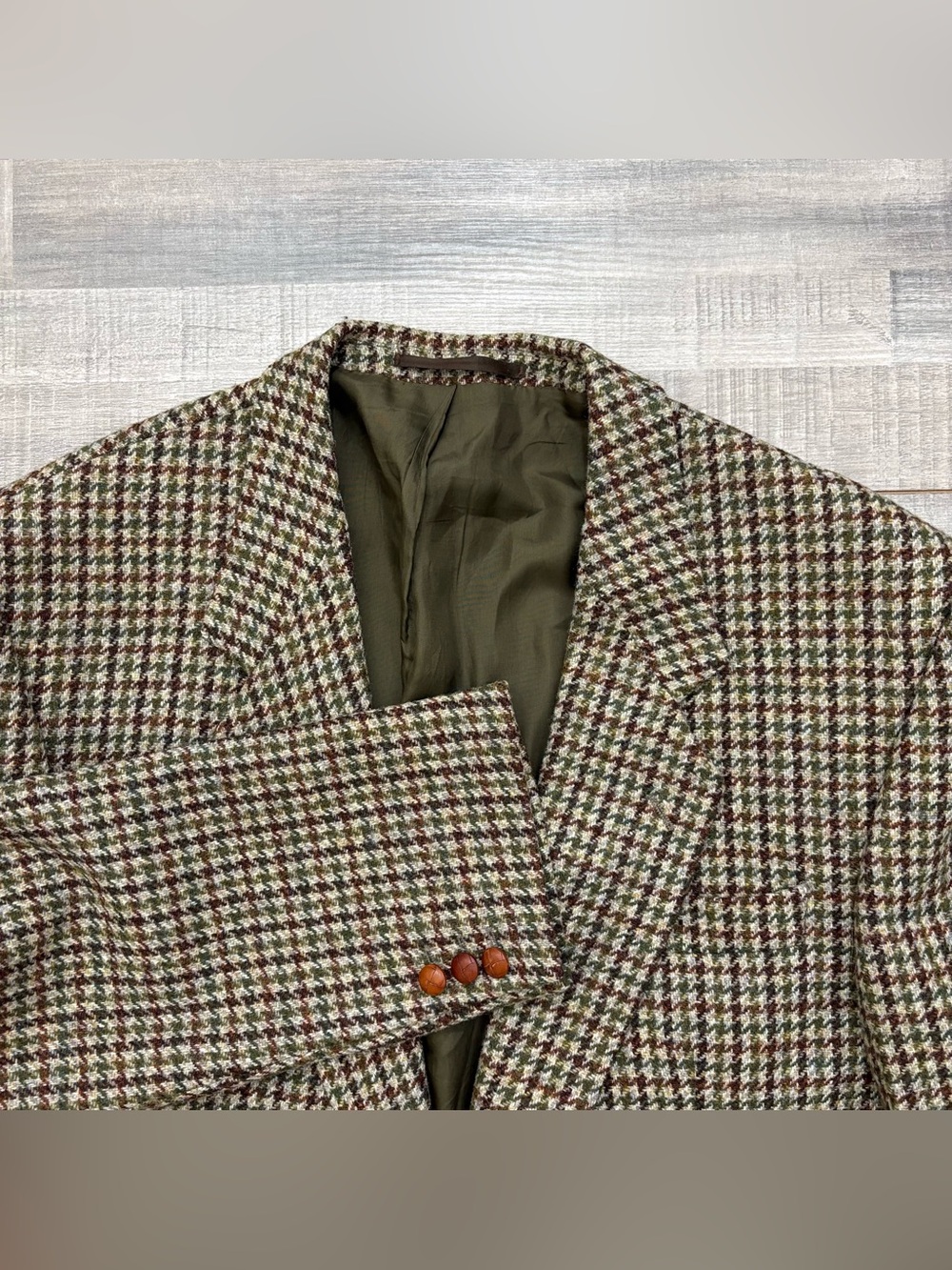 Vtg Joel Ferrin Harris Tweed Blazer Men's 46R Beige Houndstooth Wool Sport Coat